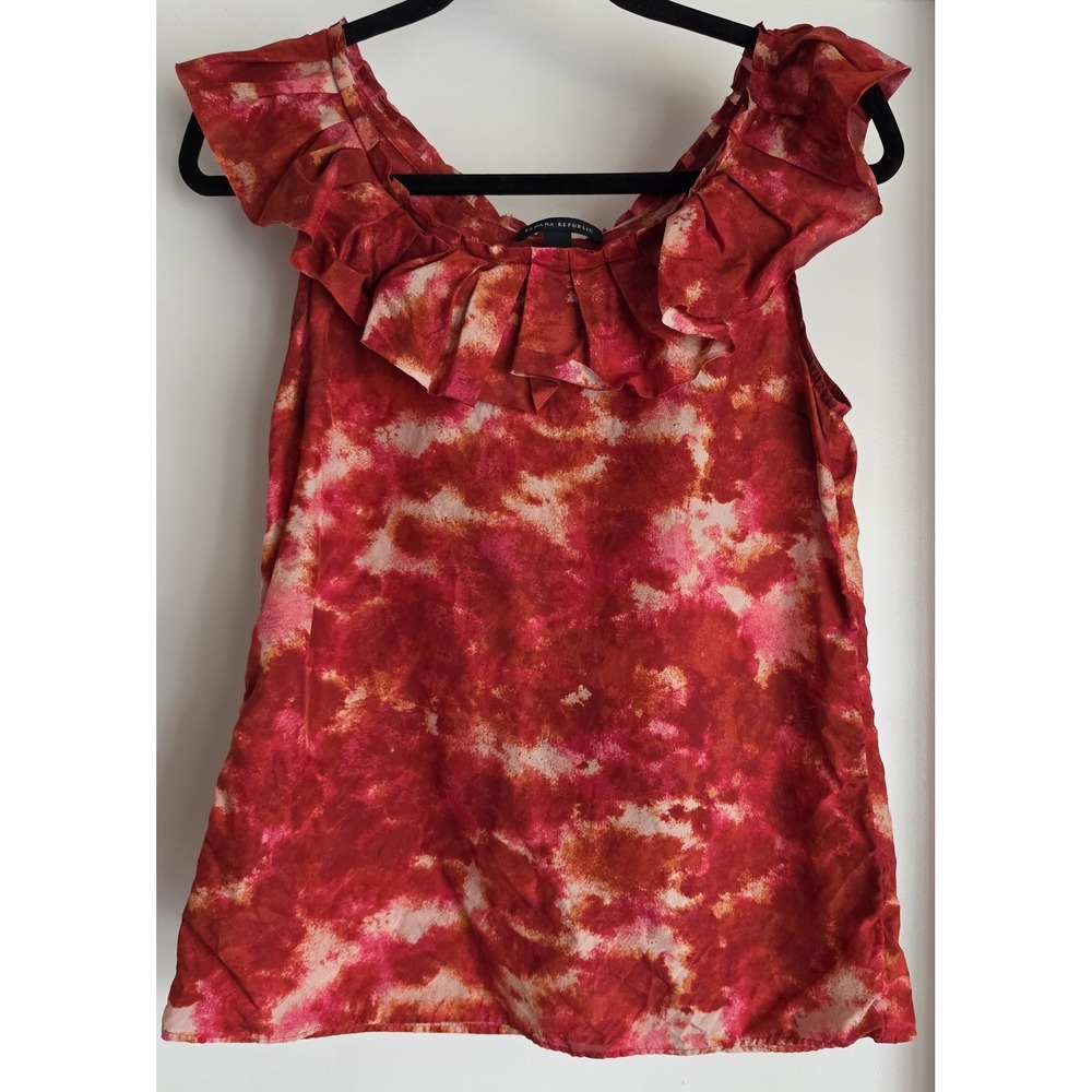 Banana Republic Silk Blouse XS Sleeveless Red Orange Pink Tie-Dye Top